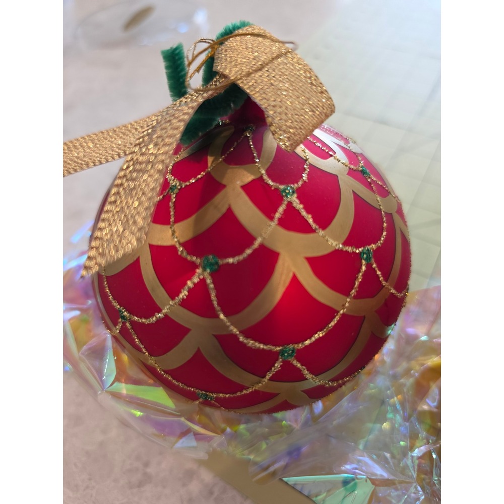 Set of 2 Fine European Glass Christmas Ornaments Red Gold Glitter Scallop 4"